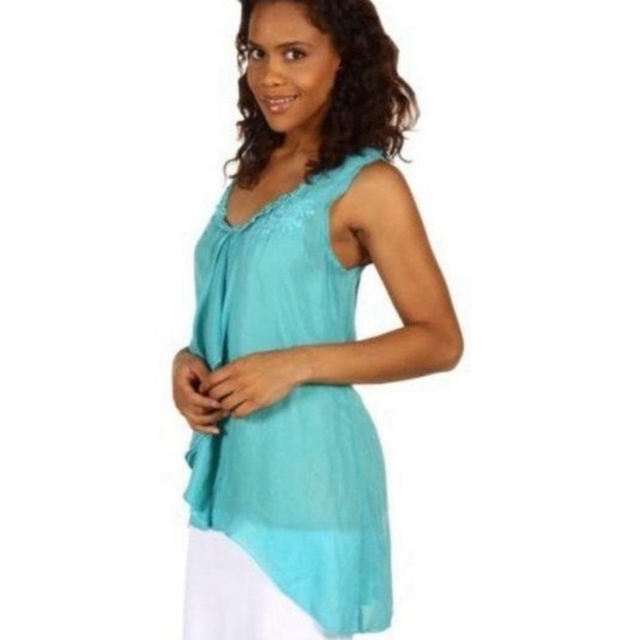 JOHNNY WAS Ruffle Embroidered Tank Top - Size XS in Beautiful Shade of Turquoise - Picture 3 of 14